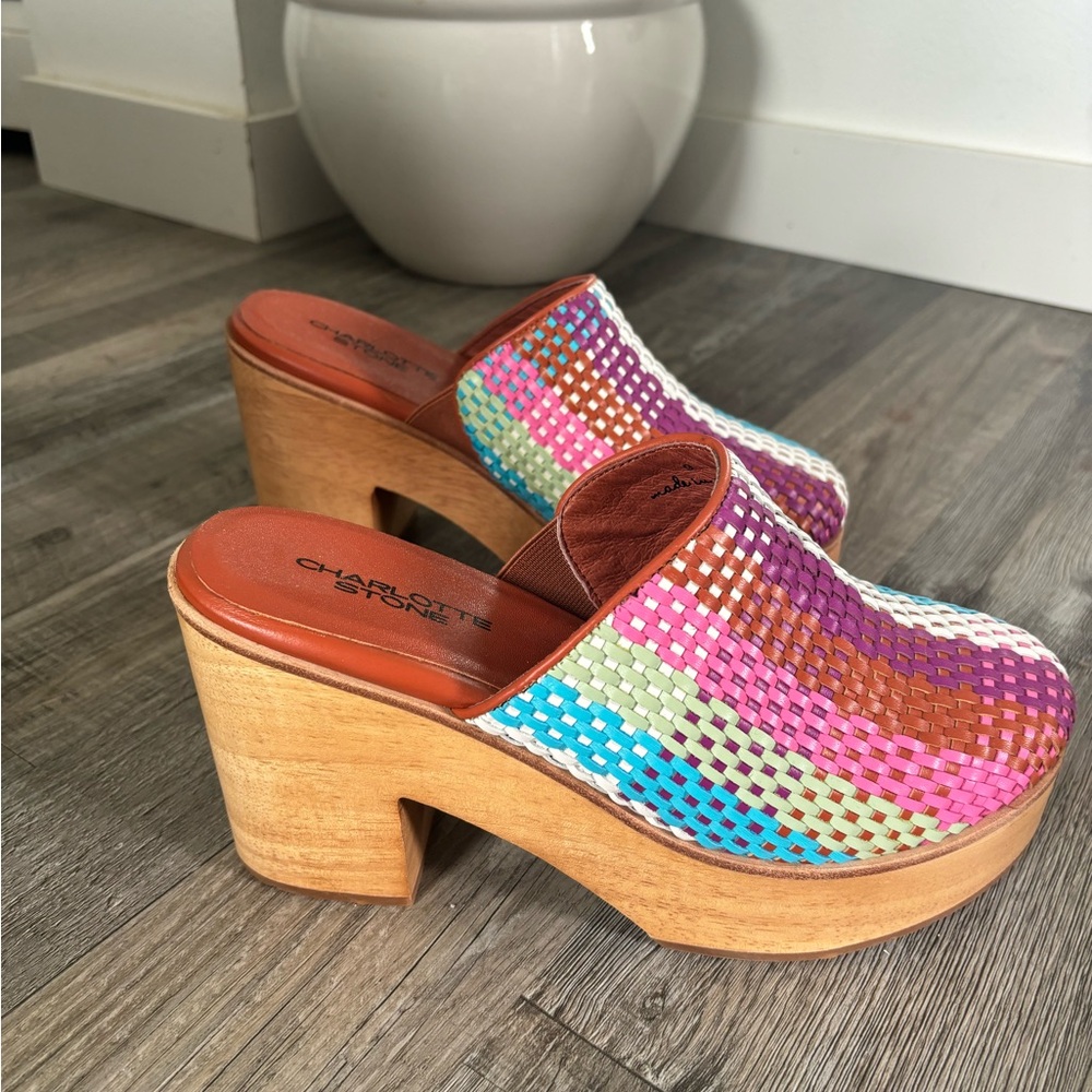 Charlotte Stone Multicolor Woven Leather Platform Clogs